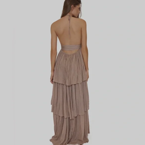 PQ Swim Kristine Tiered Maxi Dress Taupe Neutral Color Gold Thread Swiss Dot NWT - Picture 3 of 8